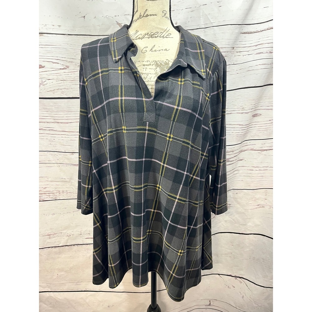 ATTITUDES by Renee Plaid Collared 3/4 Sleeve Tunic Top Women XLP